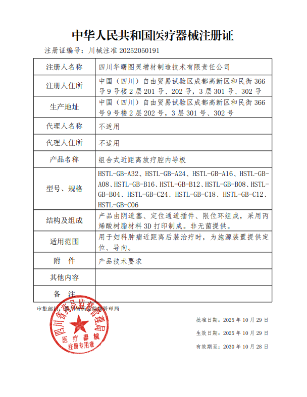 二类医疗器械注册证-组合式近距离放疗腔内导板