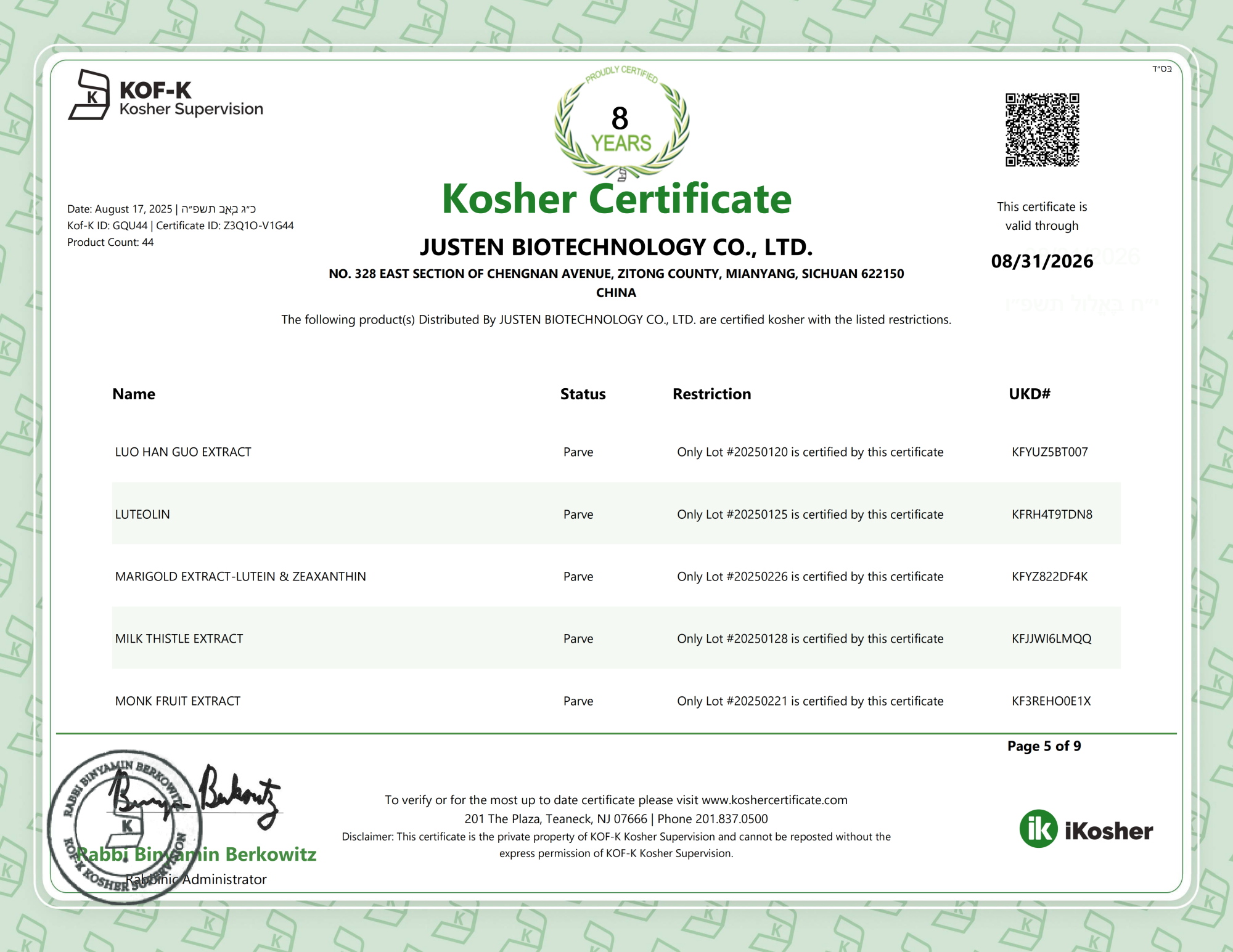Kosher Certificate-Justen Biotechnology_05