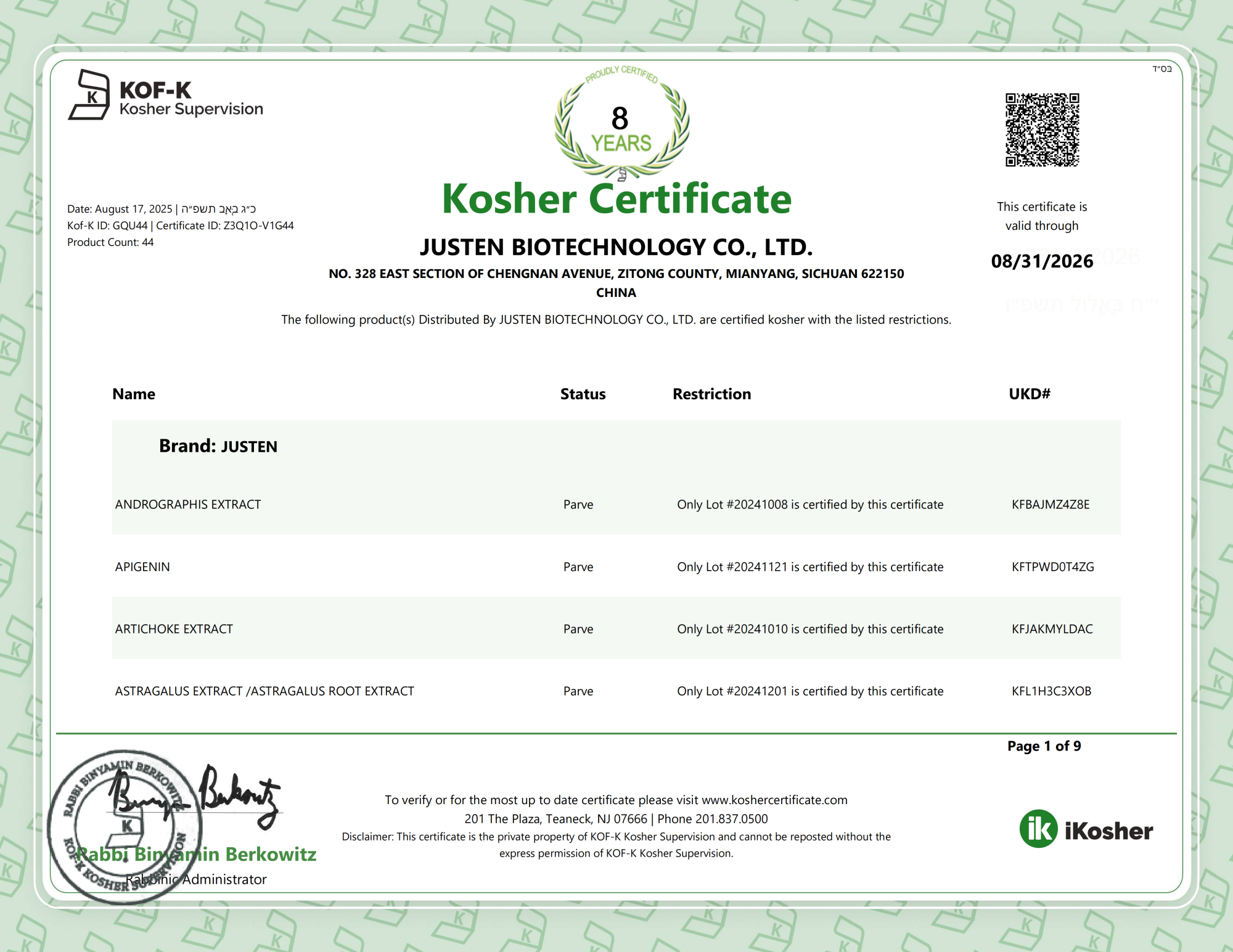 Kosher Certificate-Justen Biotechnology_01