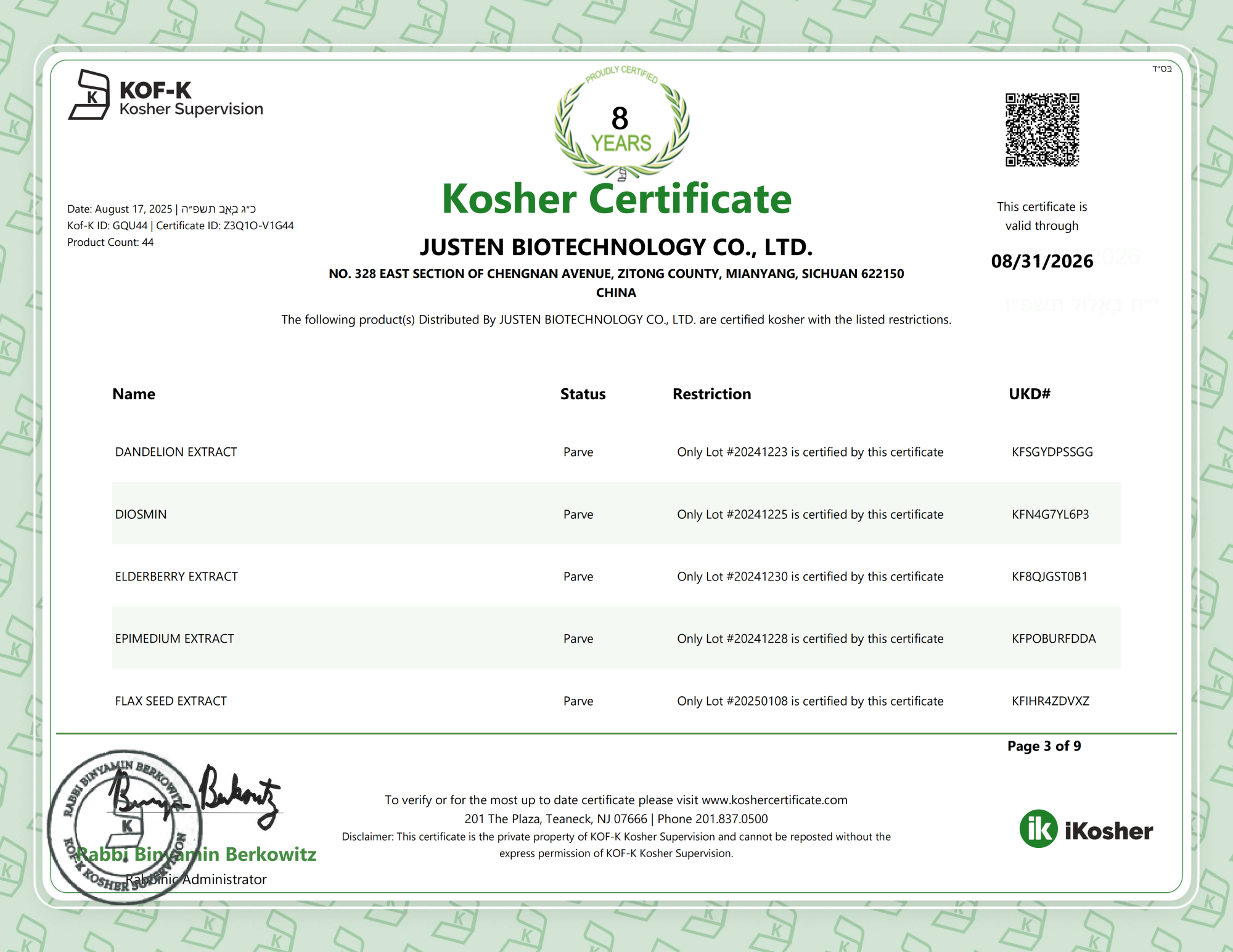 Kosher Certificate-Justen Biotechnology_03
