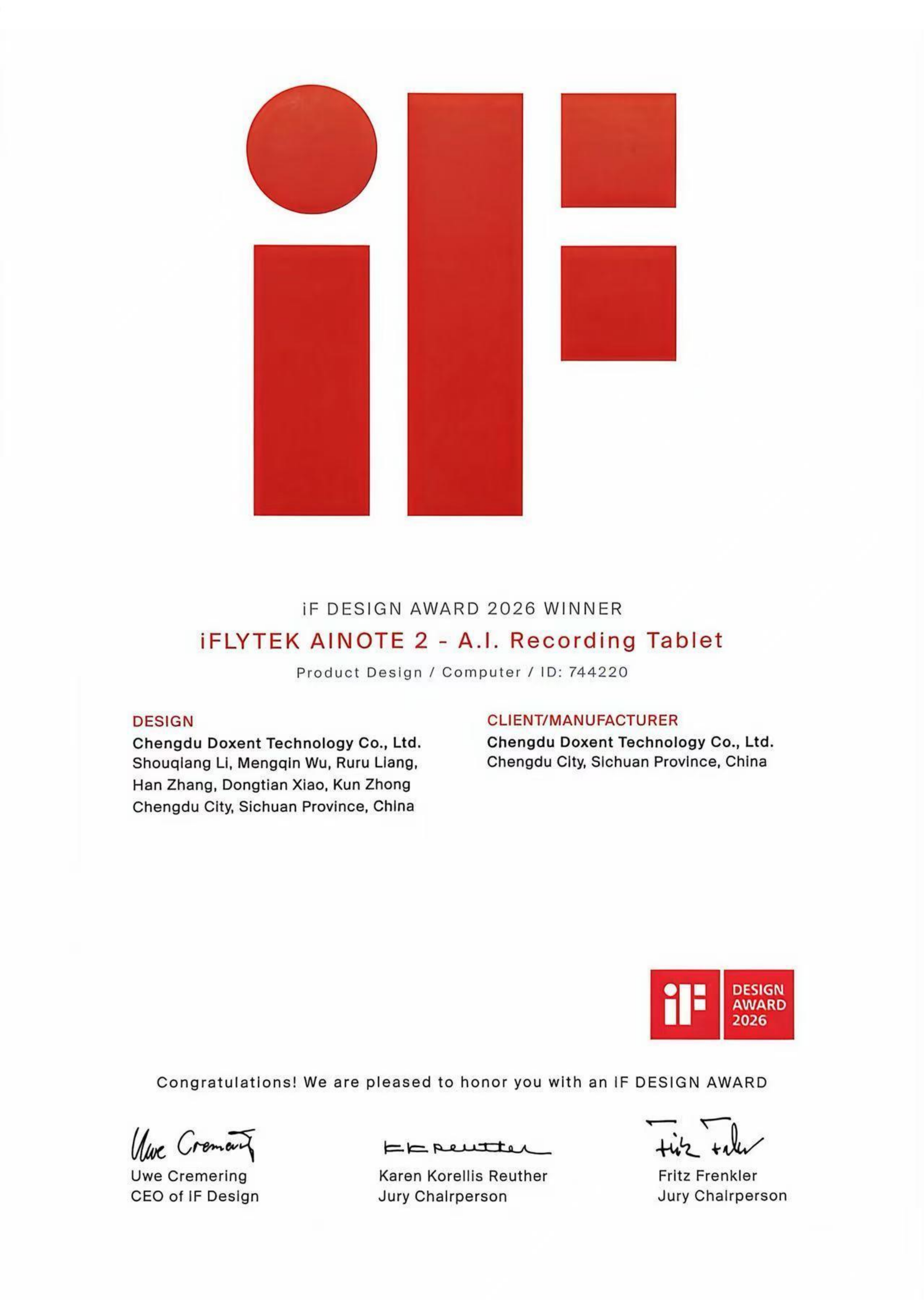 2026年iF德国产品设计大奖 - iFLYTEK AINOTE 2_01
