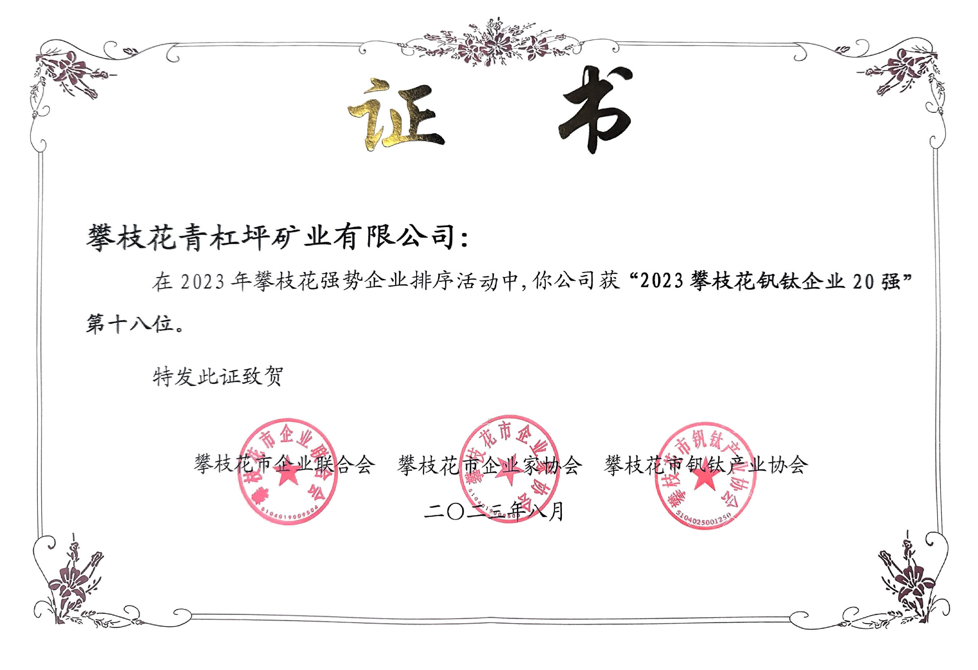 2023年攀枝花钒钛企业20强 第十八位