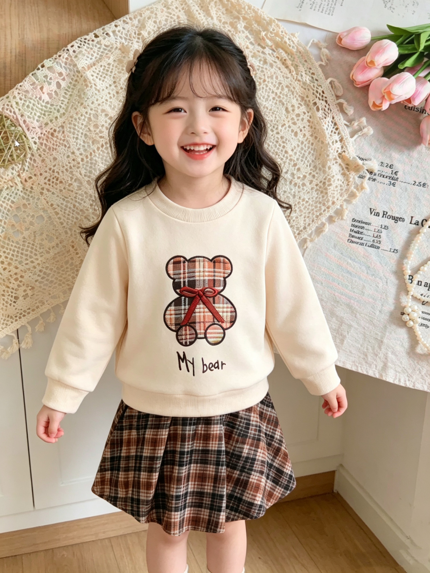 Mädchen-Bären-Sweatshirt-Pleated-Skirt-Set