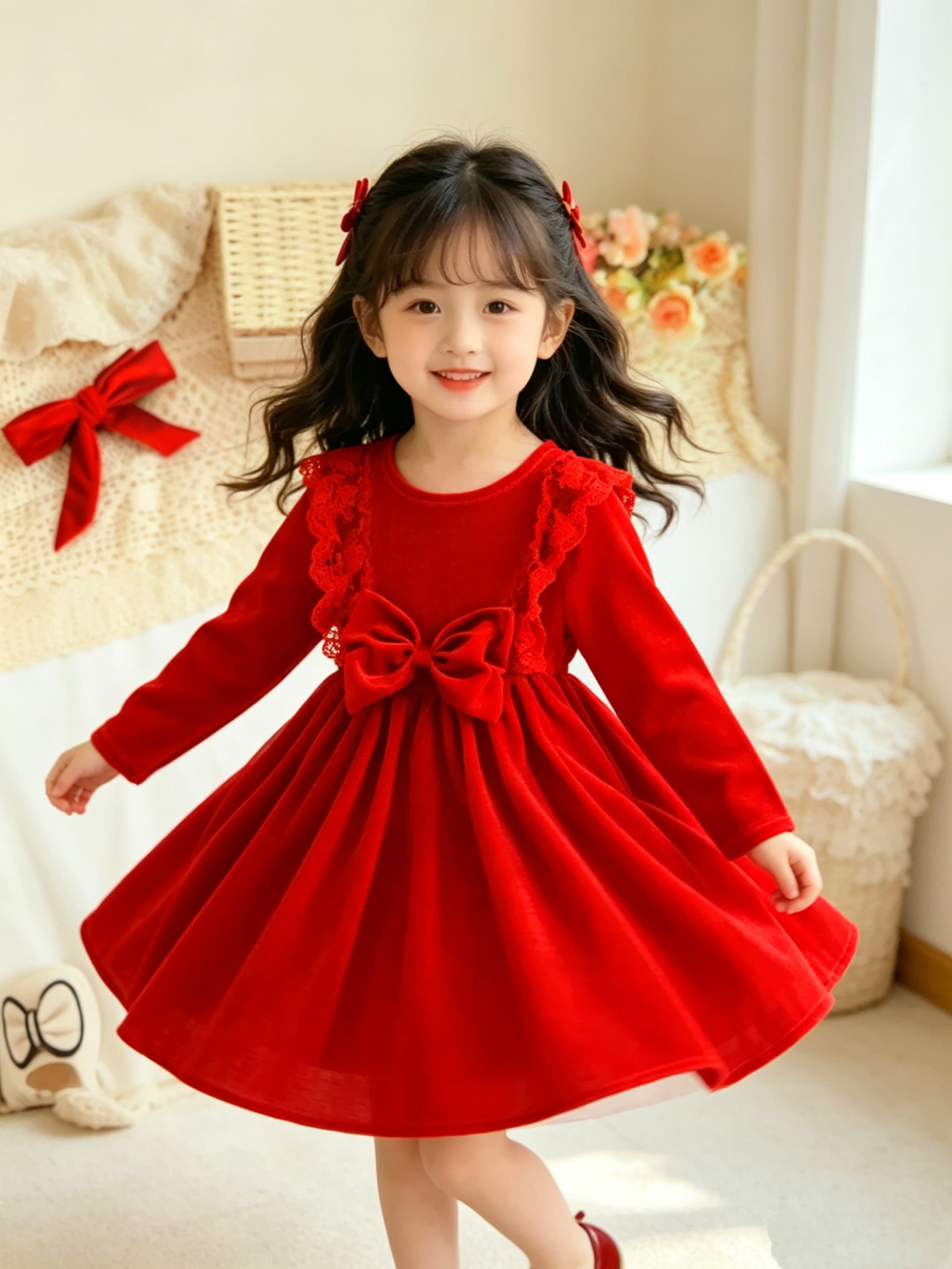 Mädchen-Kleid rot langärmelig