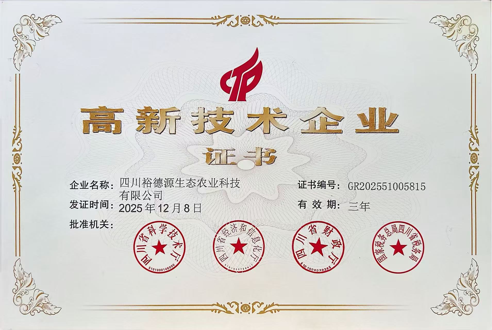 高新技术企业证书