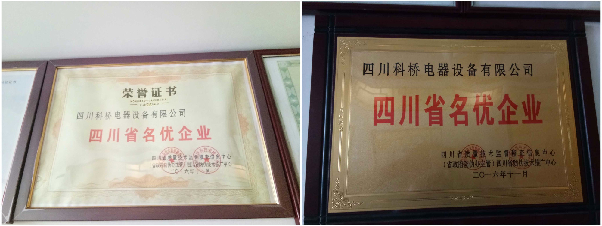 四川省名优企业荣誉证书